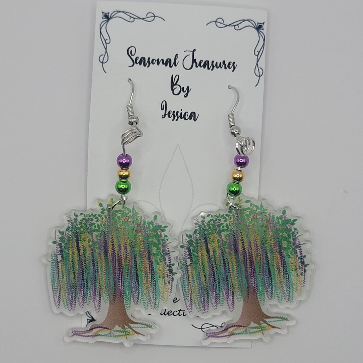Handmade Beaded Mardi Gras Tree Earrings