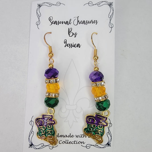 Handmade Beaded Purple, Gold and Green Mardi Gras Earrings