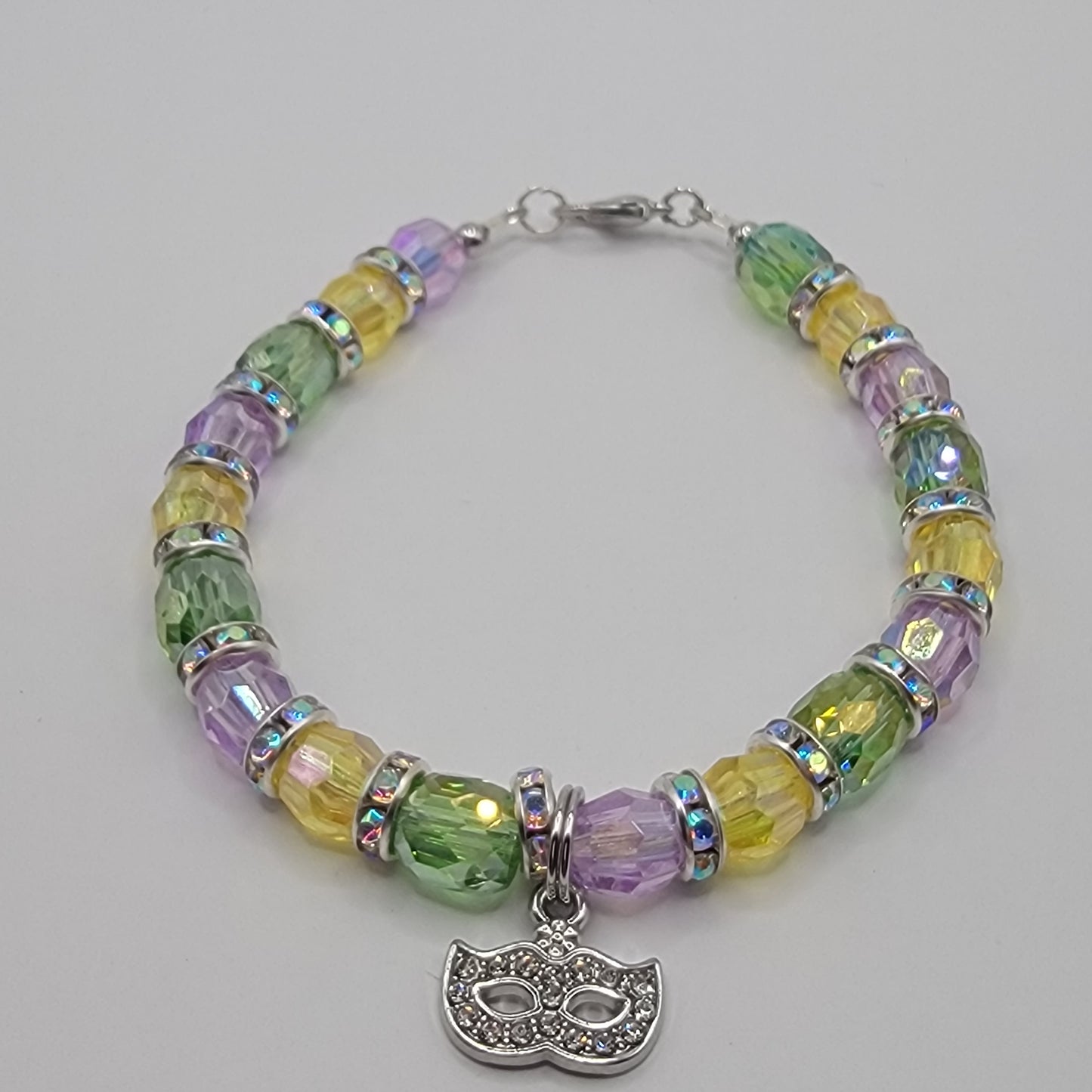 Handmade Beaded Purple, Gold and Green Mardi Gras Earring and Bracelet Set With Mask Charm