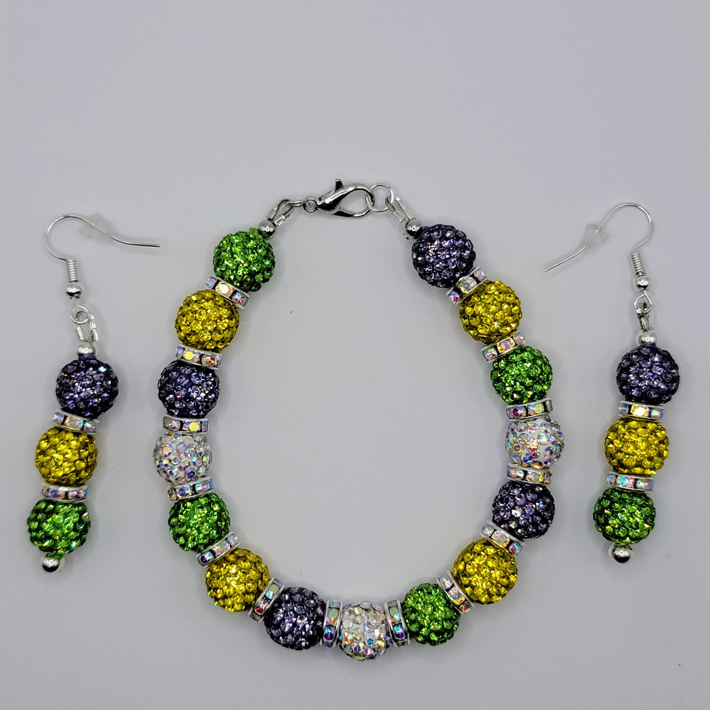 Handmade Beaded Purple, Gold and Green Earring and Bracelet Set