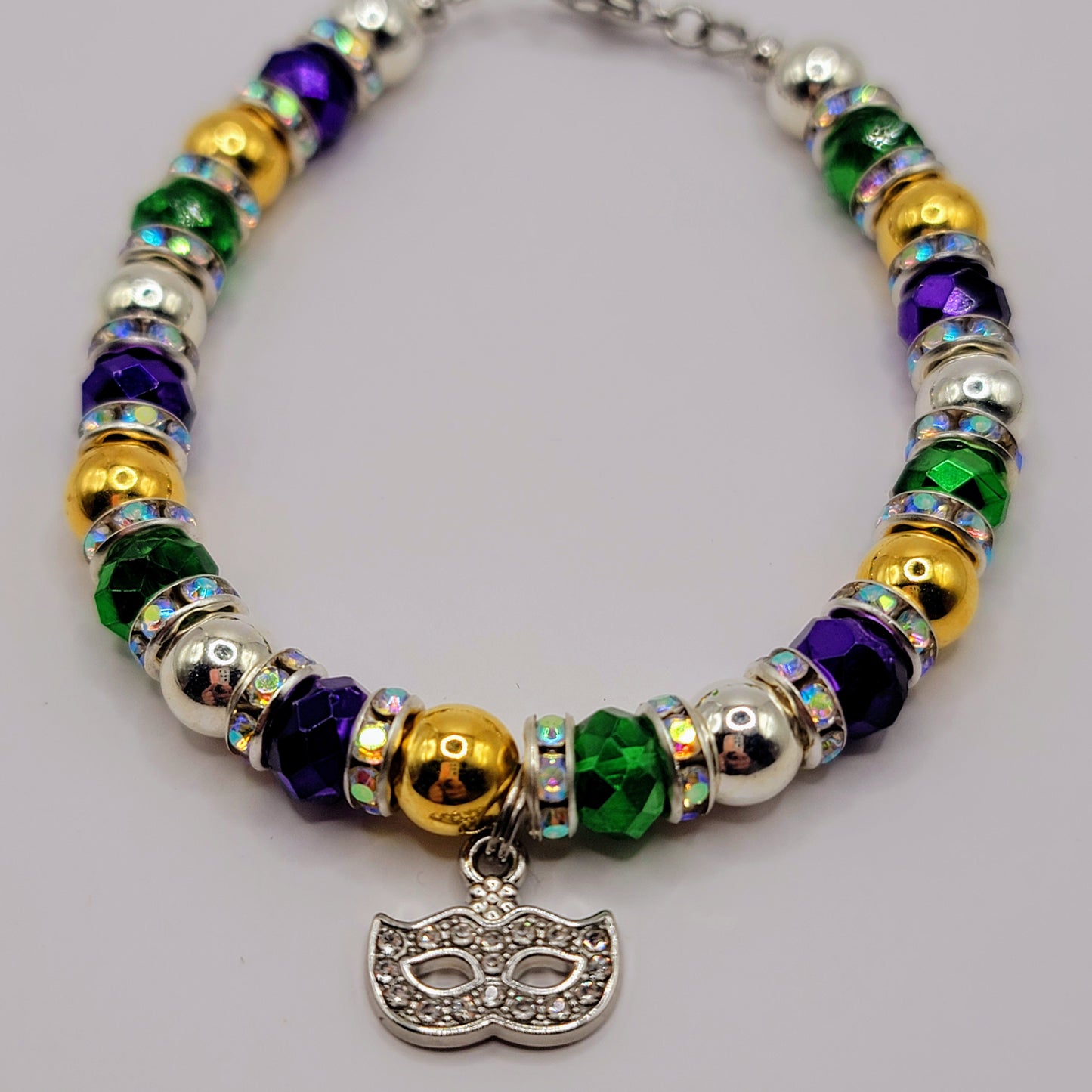 Handmade Beaded Purple, Gold and Green Mardi Gras Earring and Bracelet Set With Mask Charm