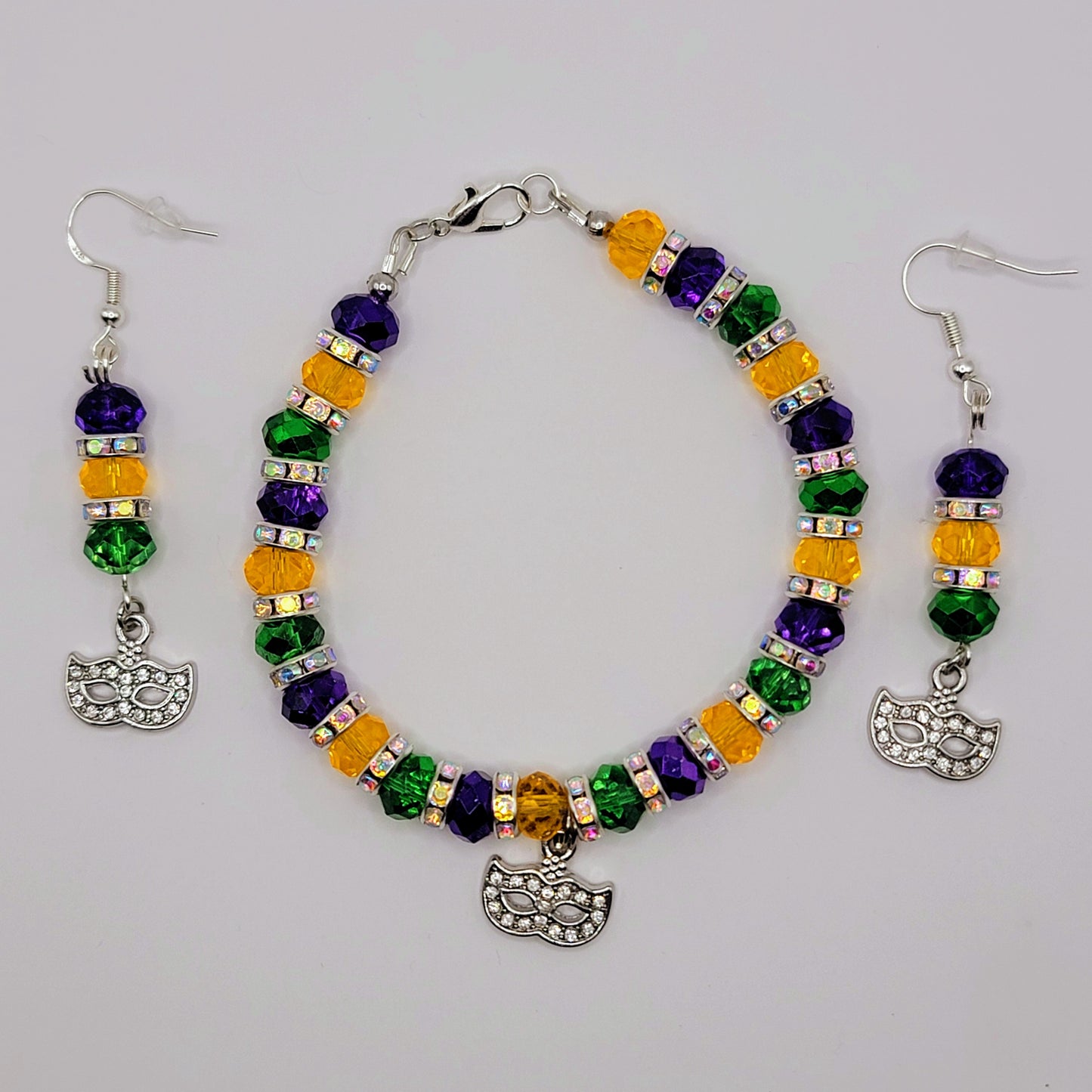 Handmade Beaded Purple, Gold and Green Mardi Gras Earring and Bracelet Set With Mask Charm