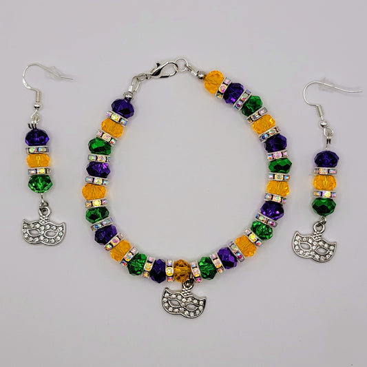 Handmade Beaded Purple, Gold and Green Mardi Gras Earring and Bracelet Set With Mask Charm