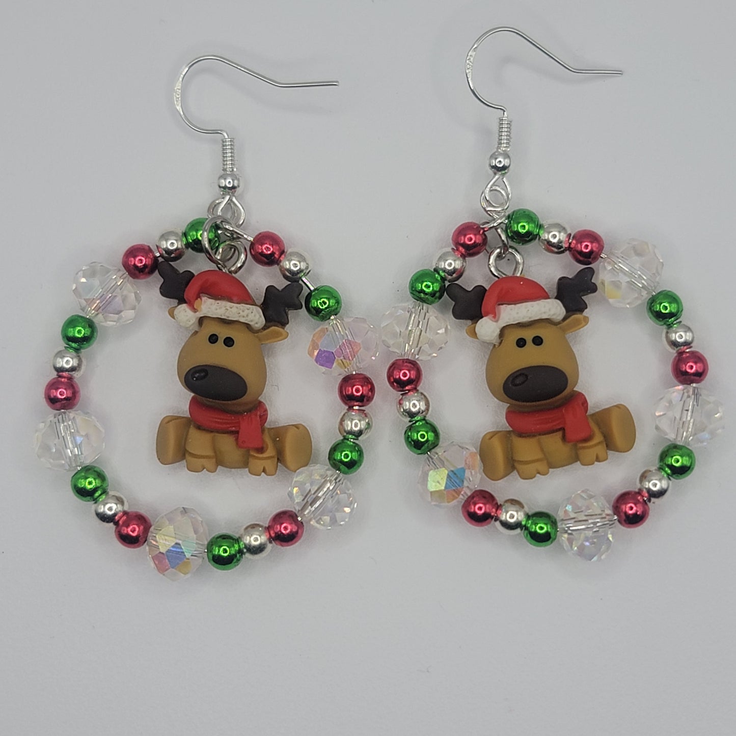 Handmade Beaded Reindeer Hoop Christmas Earrings I'm Sterling Silver