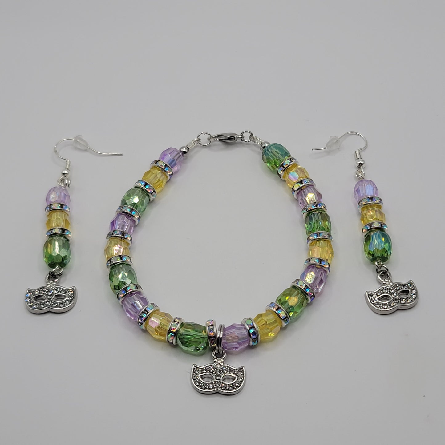 Handmade Beaded Purple, Gold and Green Mardi Gras Earring and Bracelet Set With Mask Charm
