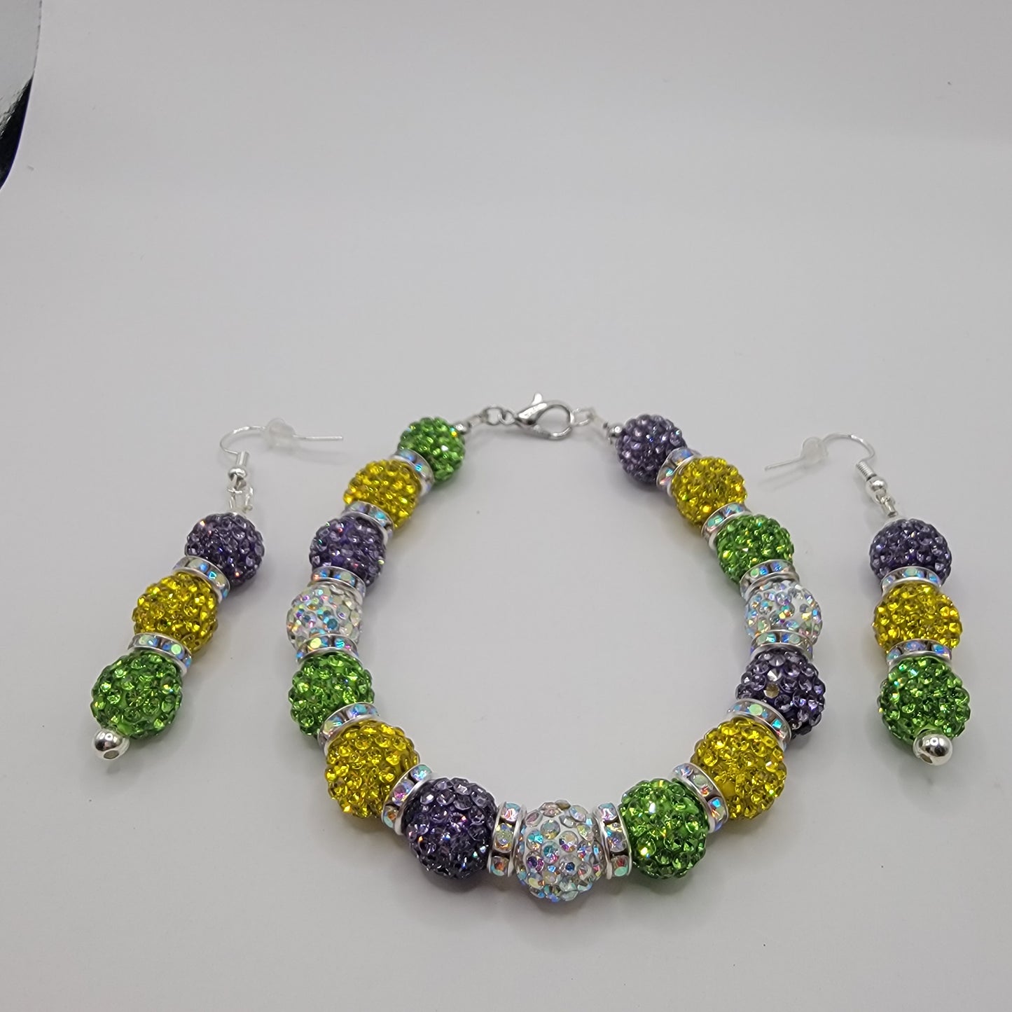 Handmade Beaded Purple, Gold and Green Earring and Bracelet Set