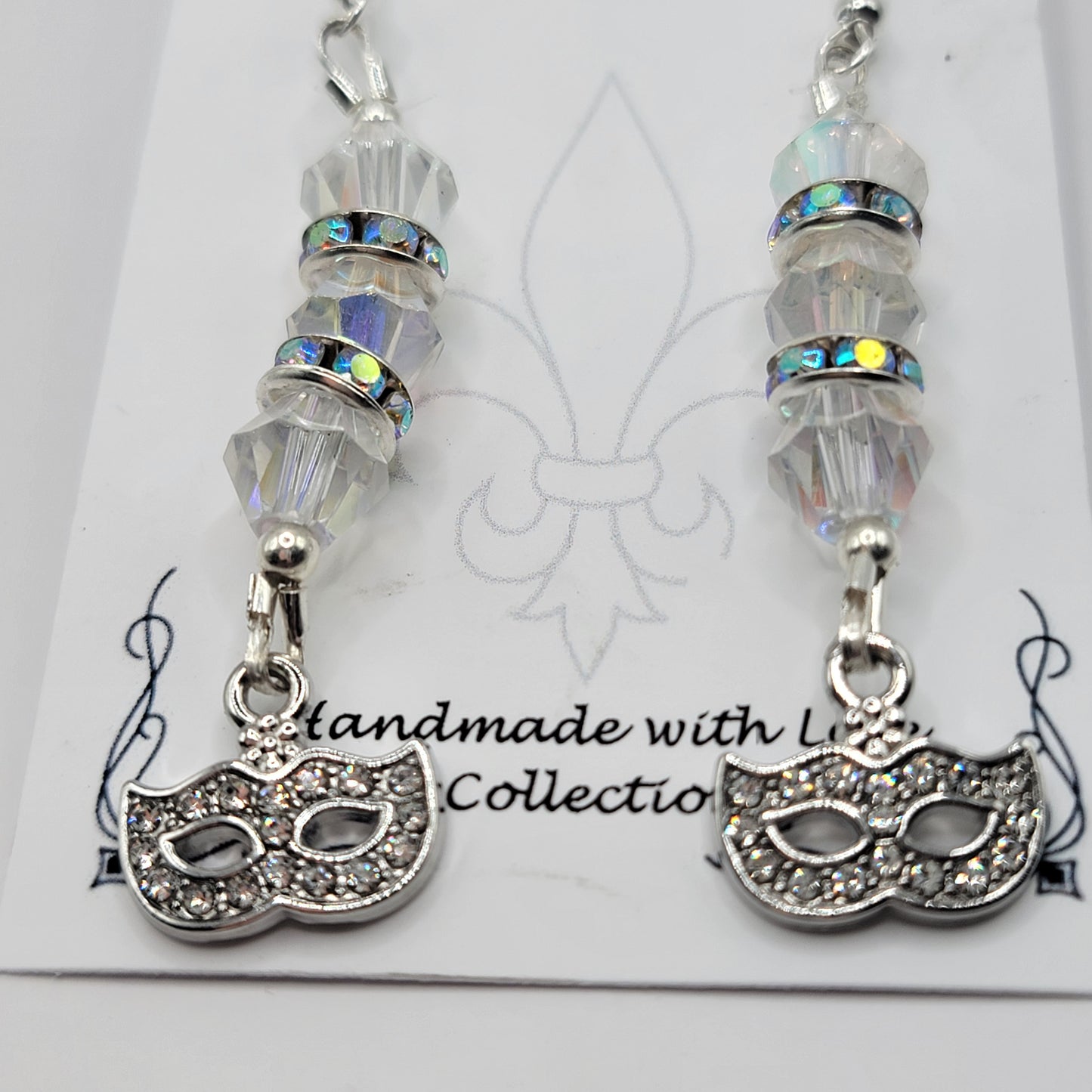 Handmade Clear Gem and Rhinestone Earrings with Clear Gem Mask Charms