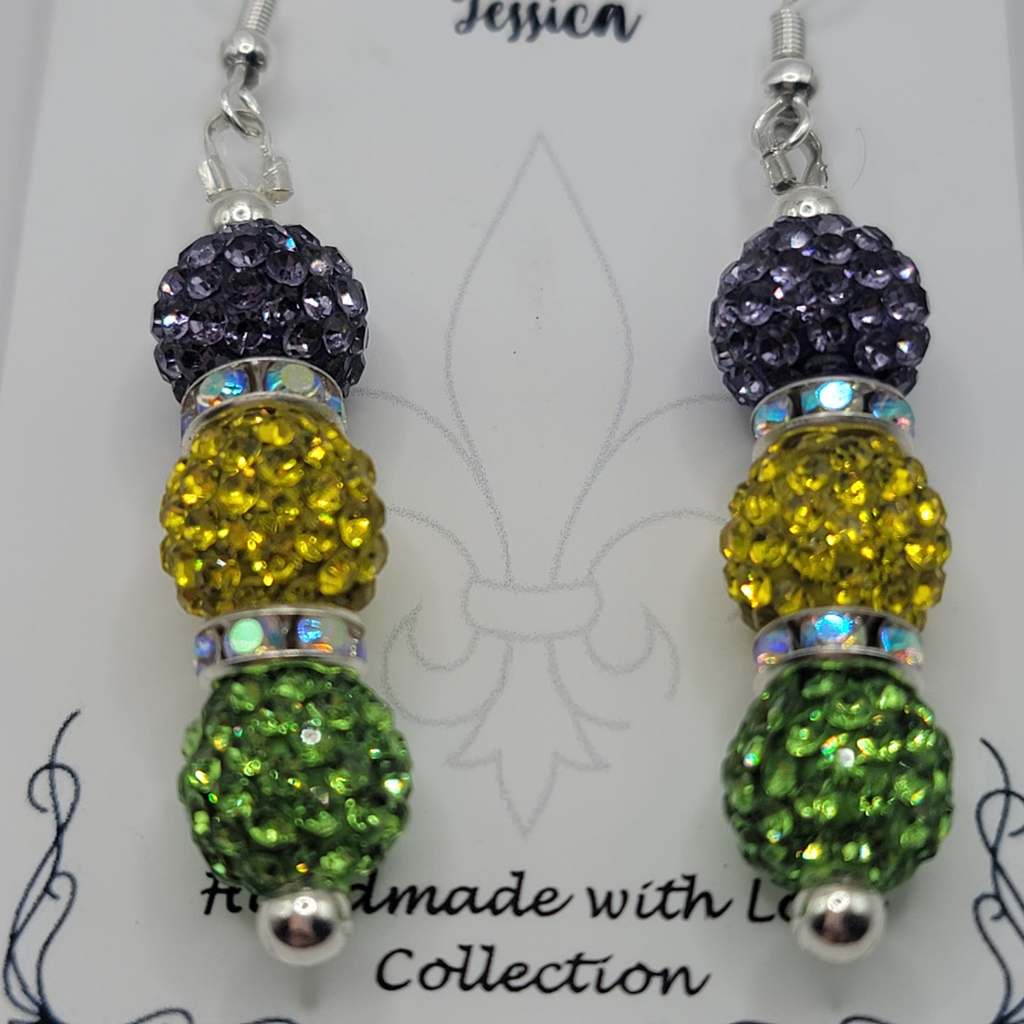 Handmade Beaded Purple, Gold and Green Earring and Bracelet Set