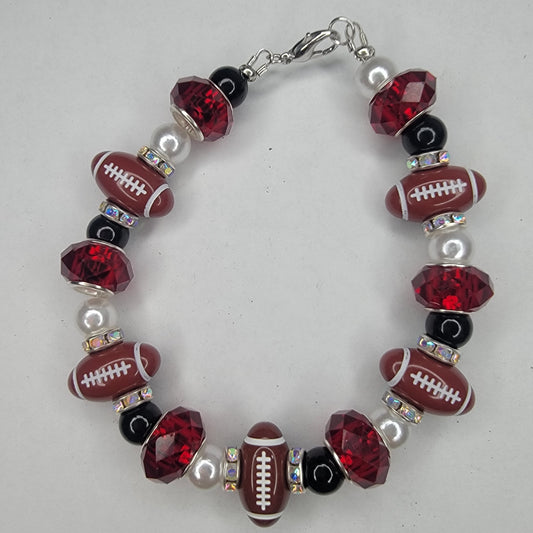 Handmade Red, Black and White Beaded Football Bracelet