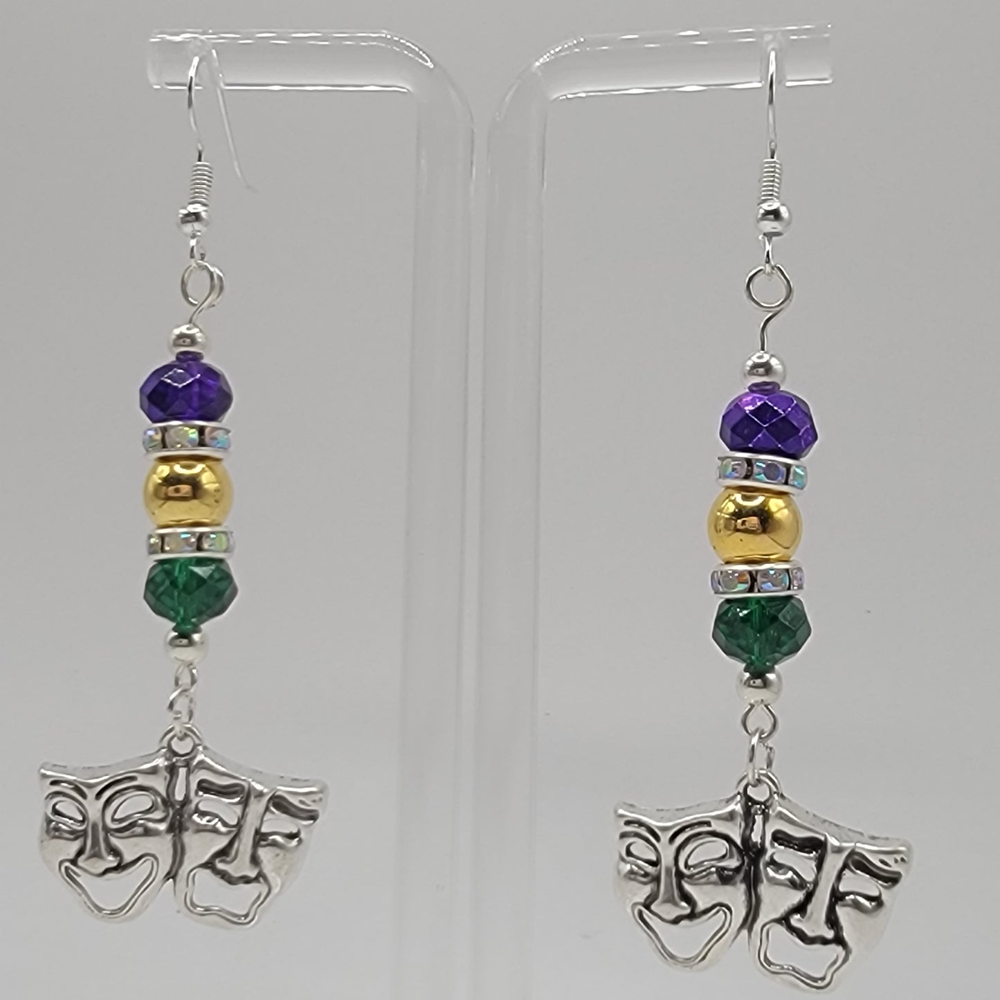 Handmade Beaded Purple, Gold and Green Mardi Gras Earring and Bracelet Set With Happy/Sad Face Charm