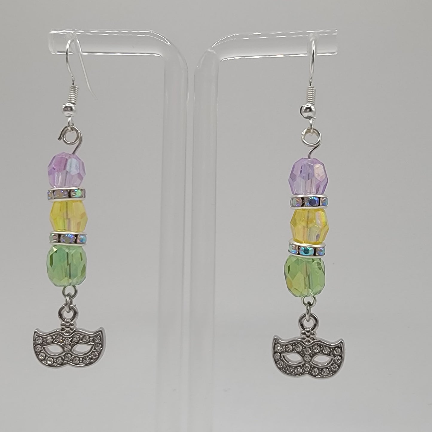 Handmade Beaded Purple, Gold and Green Mardi Gras Earring and Bracelet Set With Mask Charm