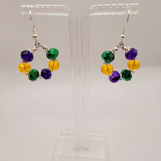 Handmade Purple, Gold and Green Beaded Hoop Mardi Gras Earrings