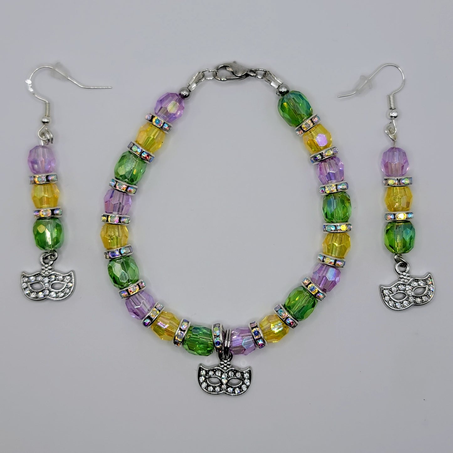 Handmade Beaded Purple, Gold and Green Mardi Gras Earring and Bracelet Set With Mask Charm