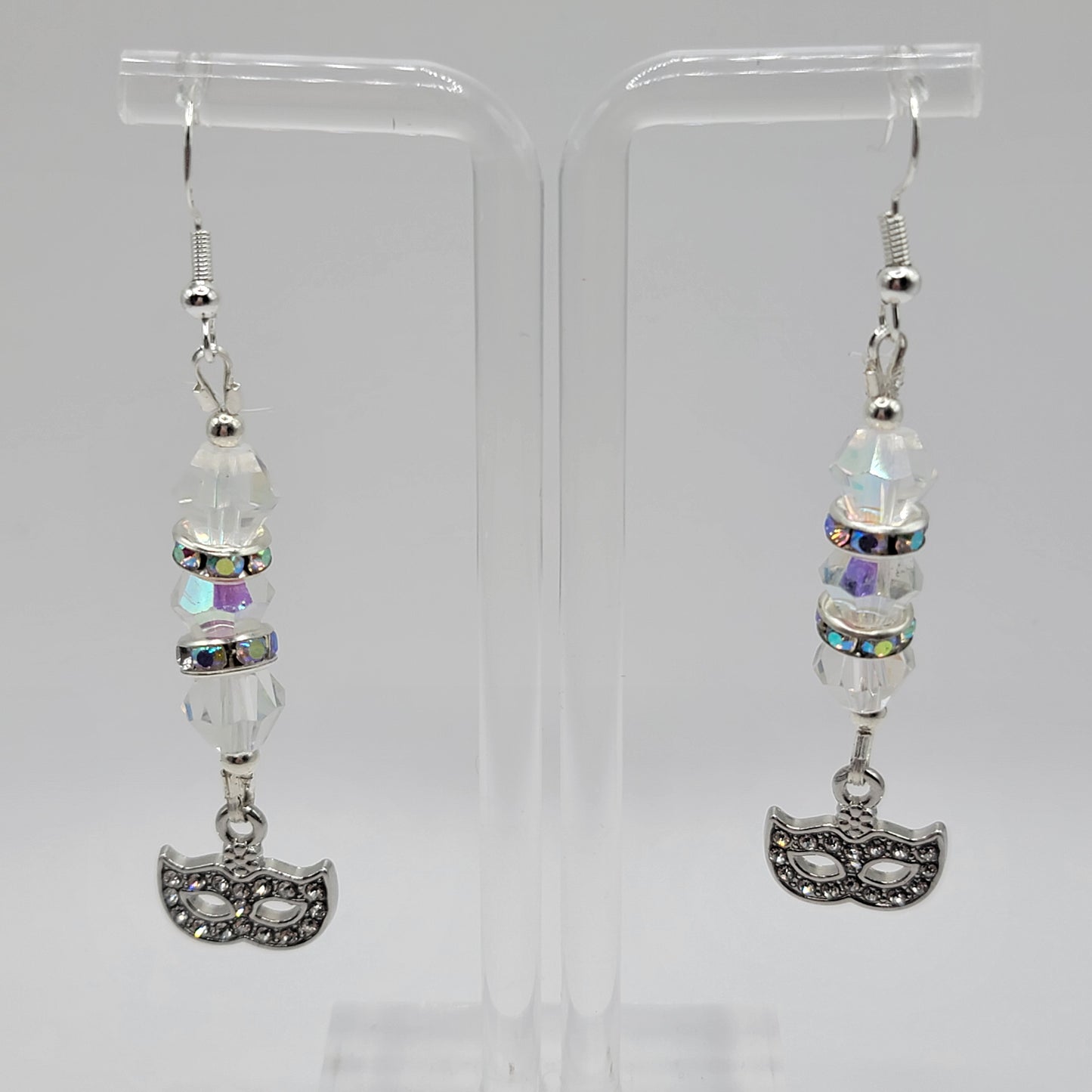 Handmade Clear Gem and Rhinestone Earrings with Clear Gem Mask Charms