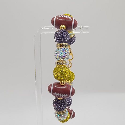 Handmade Purple, White and Gold Beaded Football Bracelet