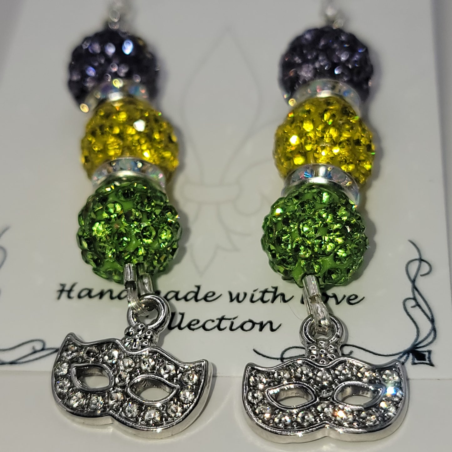 Handmade Purple, Gold and Green Beaded Earrings with mask charm