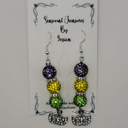Handmade Purple, Gold and Green Beaded Earrings with mask charm