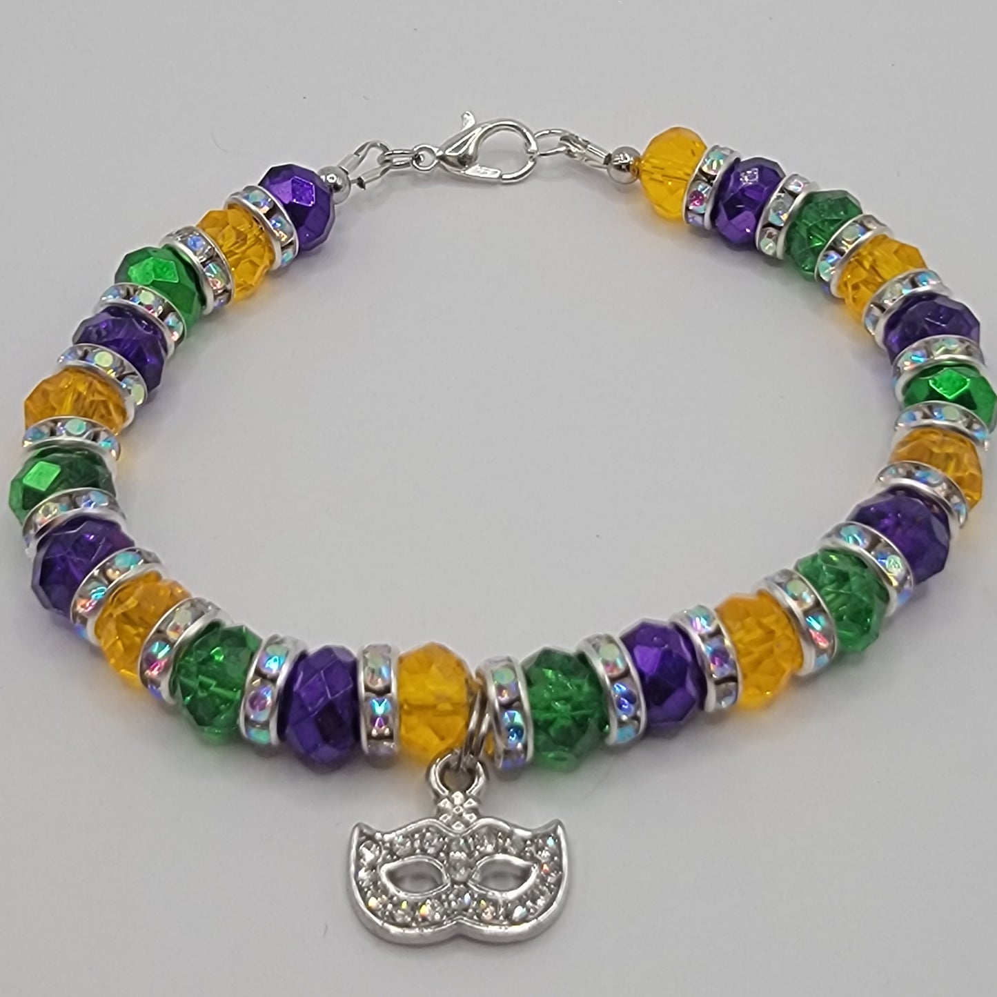 Handmade Beaded Purple, Gold and Green Mardi Gras Earring and Bracelet Set With Mask Charm