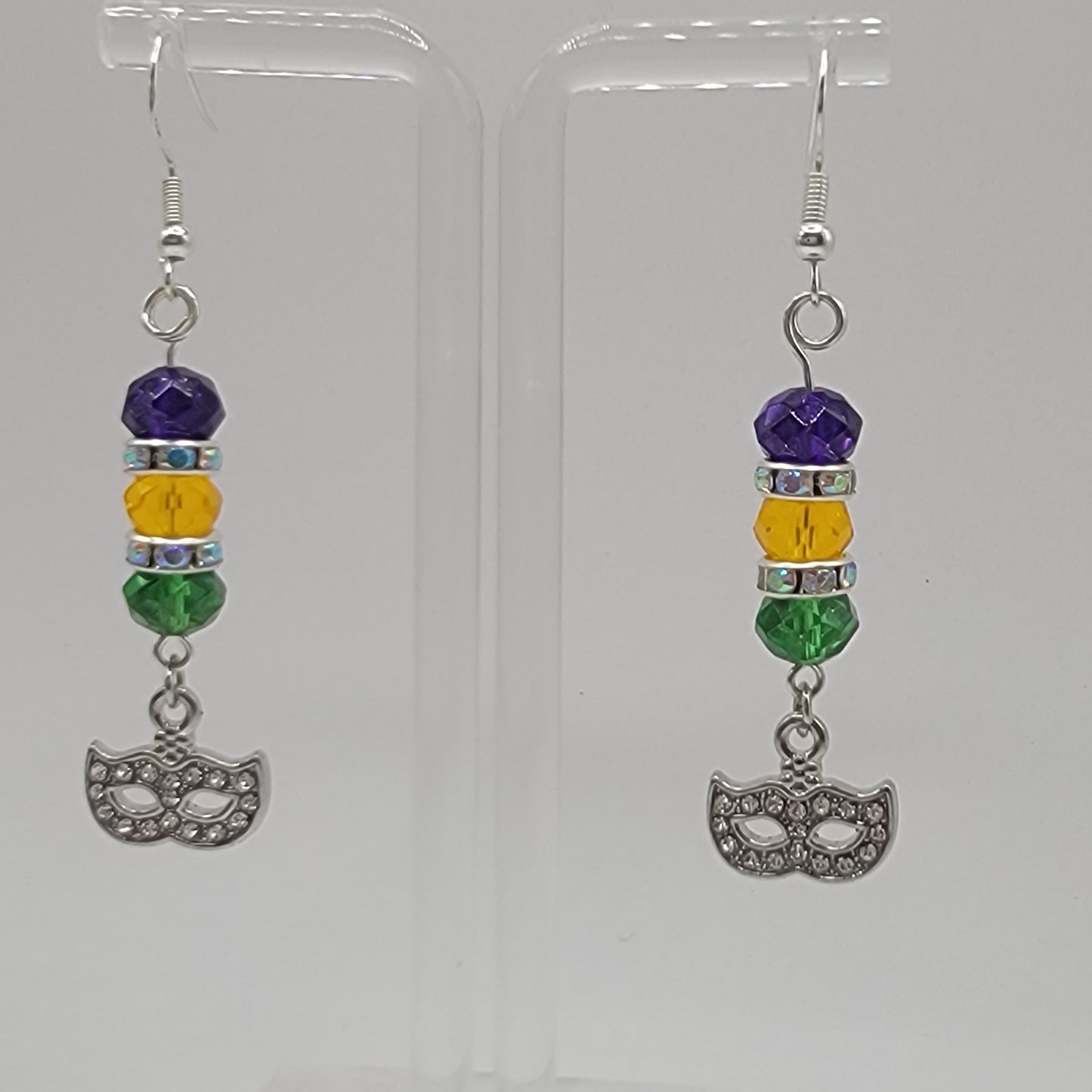 Handmade Beaded Purple, Gold and Green Mardi Gras Earring and Bracelet Set With Mask Charm