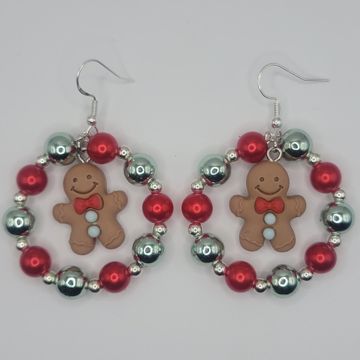 Handmade Christmas Ginger Bread Man With Beaded Hoop Earrings on Sterling Silver Hooks