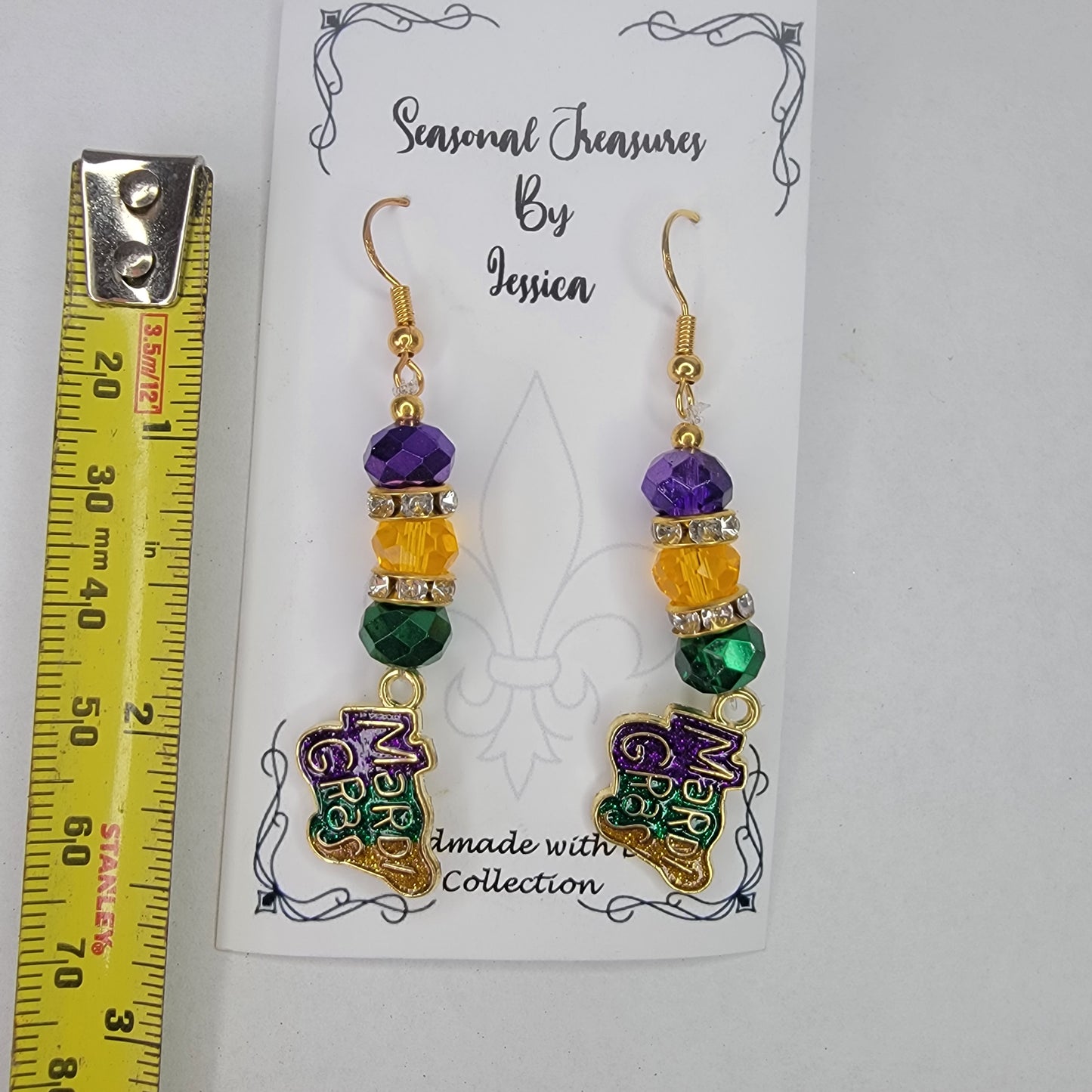 Handmade Beaded Purple, Gold and Green Mardi Gras Earrings