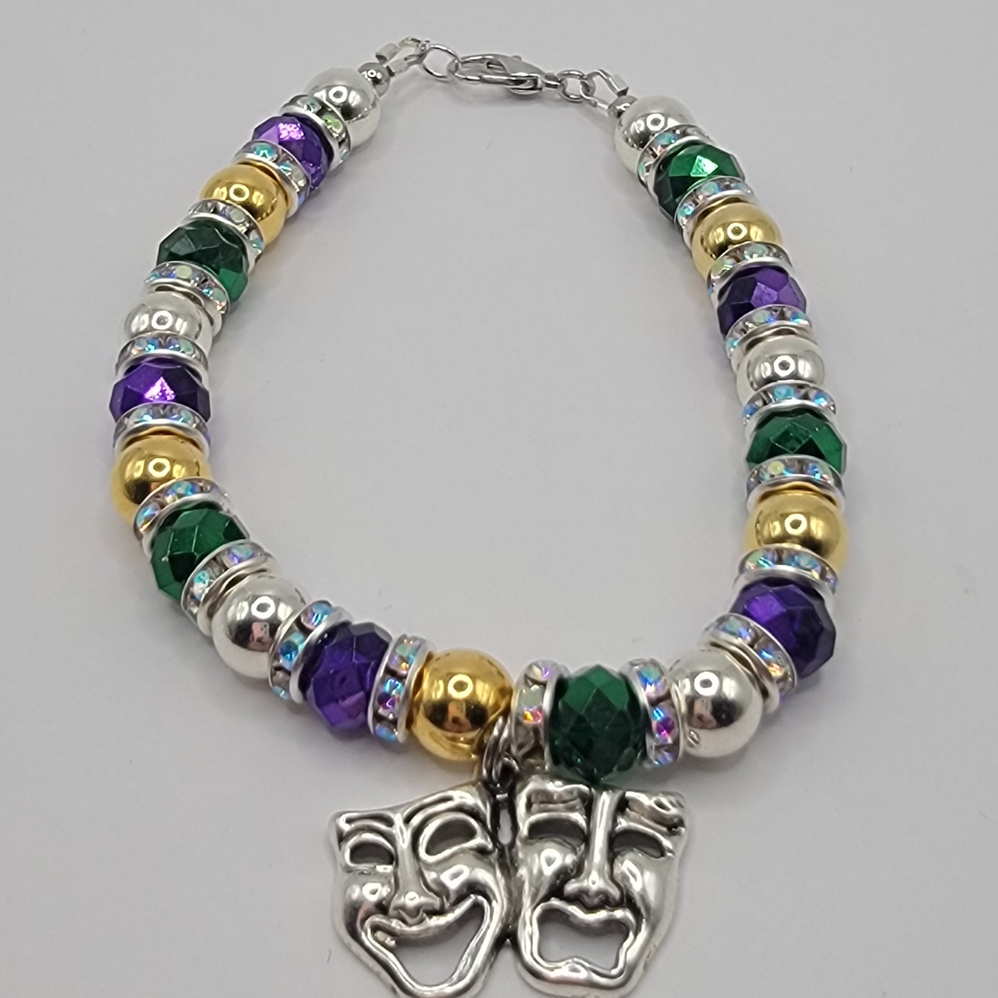Handmade Beaded Purple, Gold and Green Mardi Gras Earring and Bracelet Set With Happy/Sad Face Charm