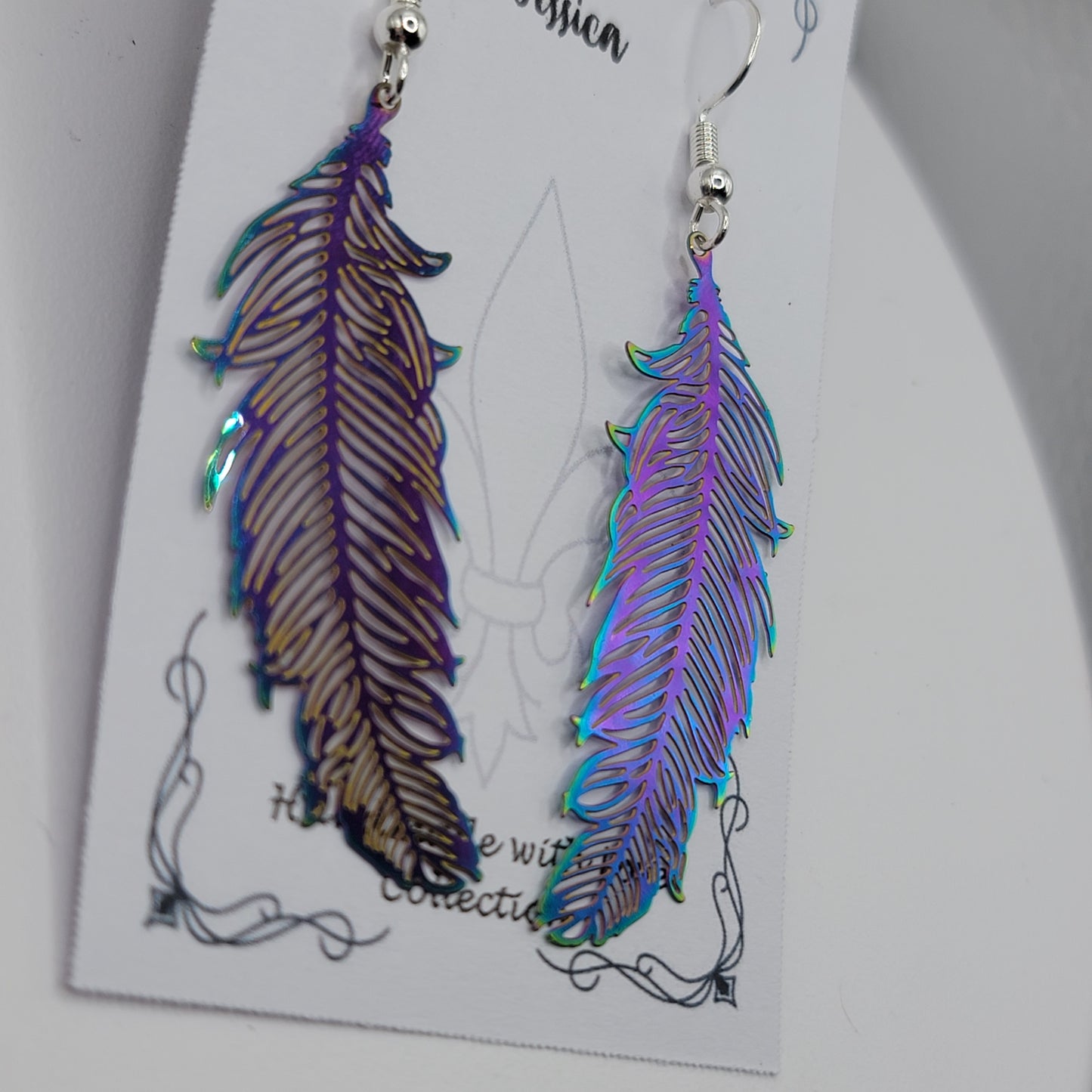 Handmade Iridescent Feather Earrings in sterling silver