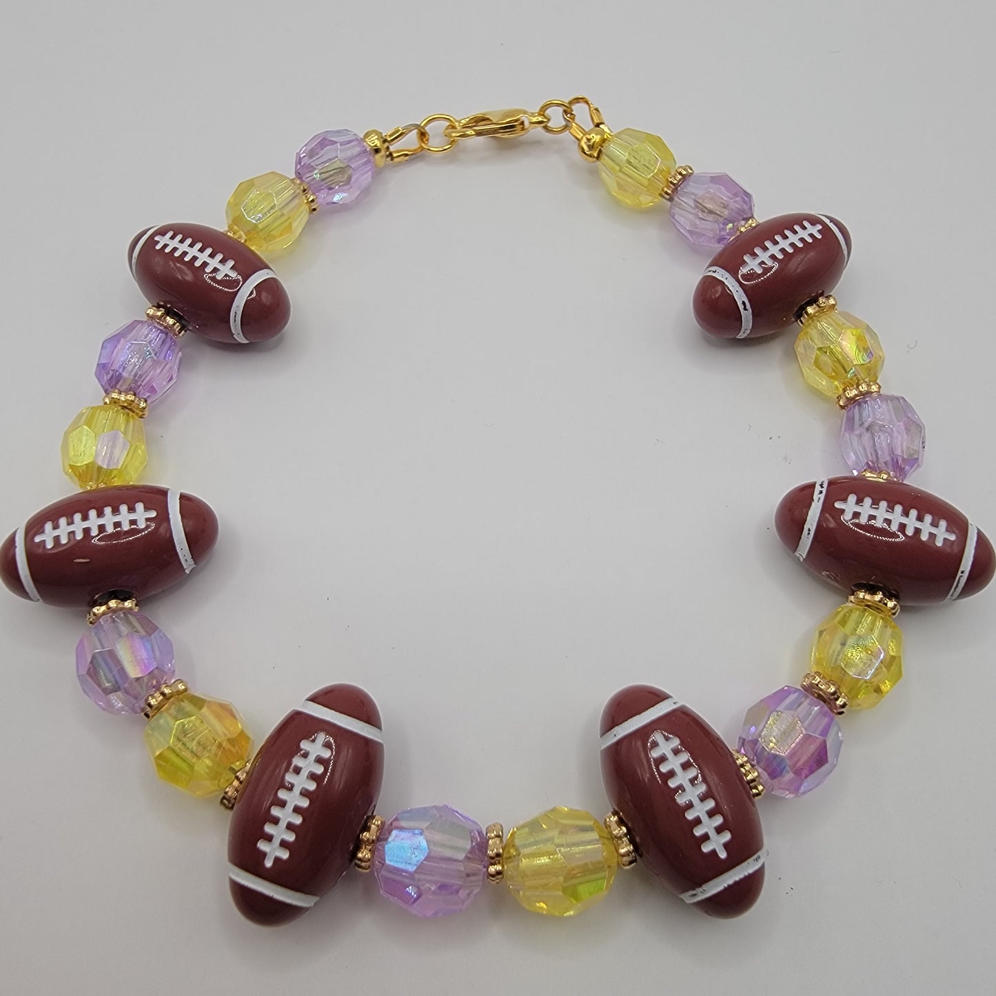 Handmade Purple and Yellow Beaded Football Bracelet