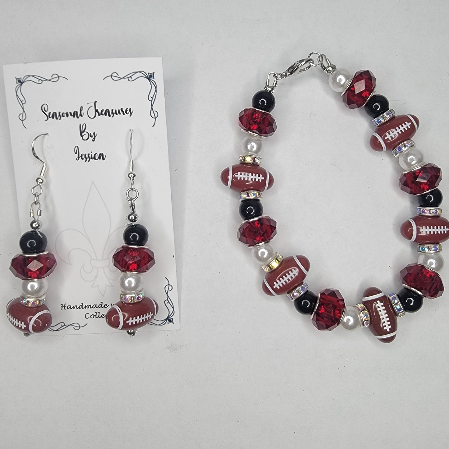Handmade Red, Black and White Beaded Football Bracelet