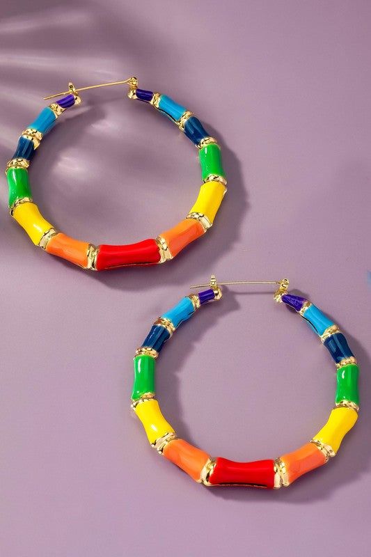 Large multi color enamel bamboo hoop earrings