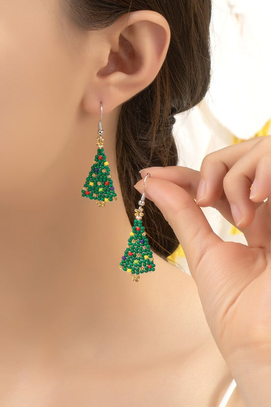 Seed bead small Christmas tree drop earrings