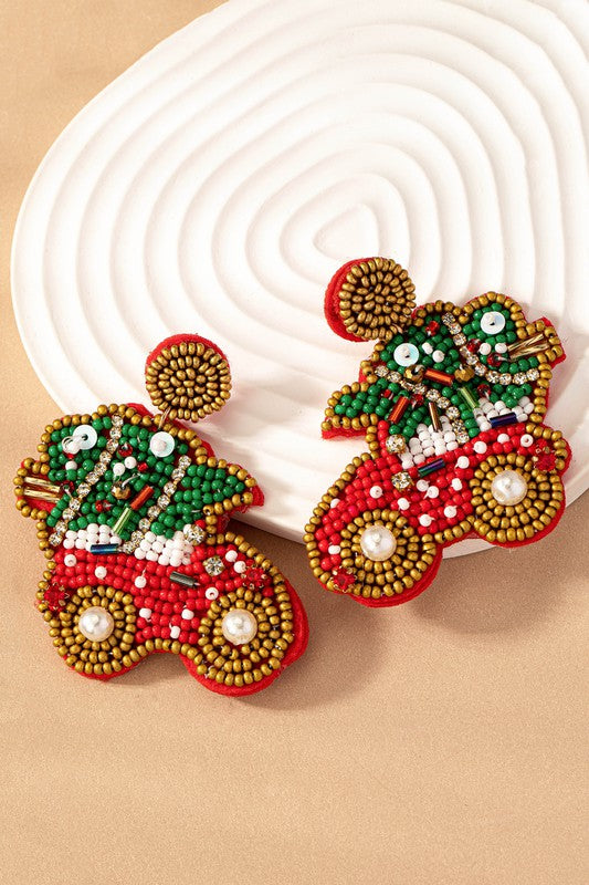 Christmas tree on a card seed bead earrings