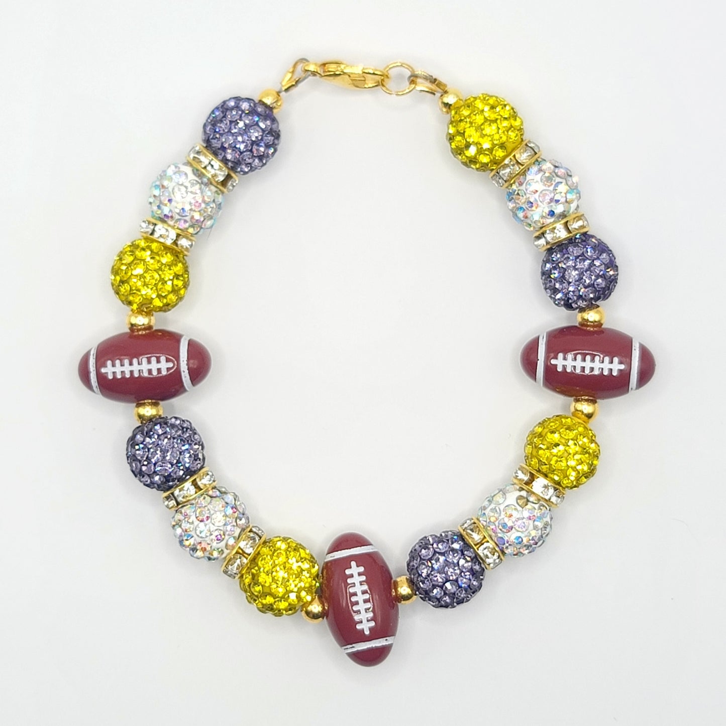 Handmade Purple, White and Gold Beaded Football Bracelet