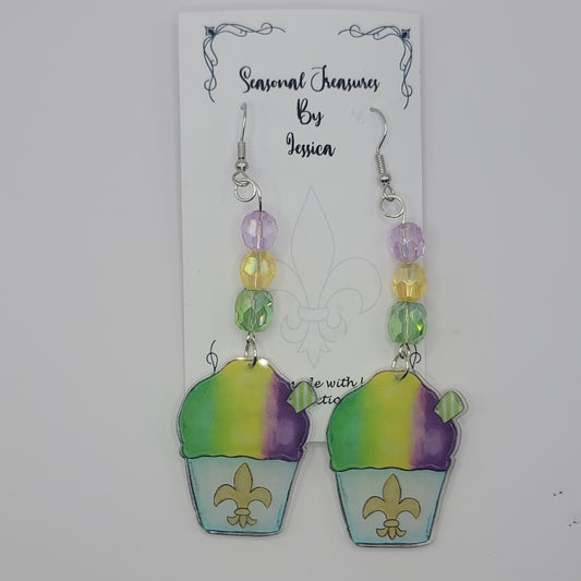 Handmade Beaded Snowball Mardi Gras Earrings