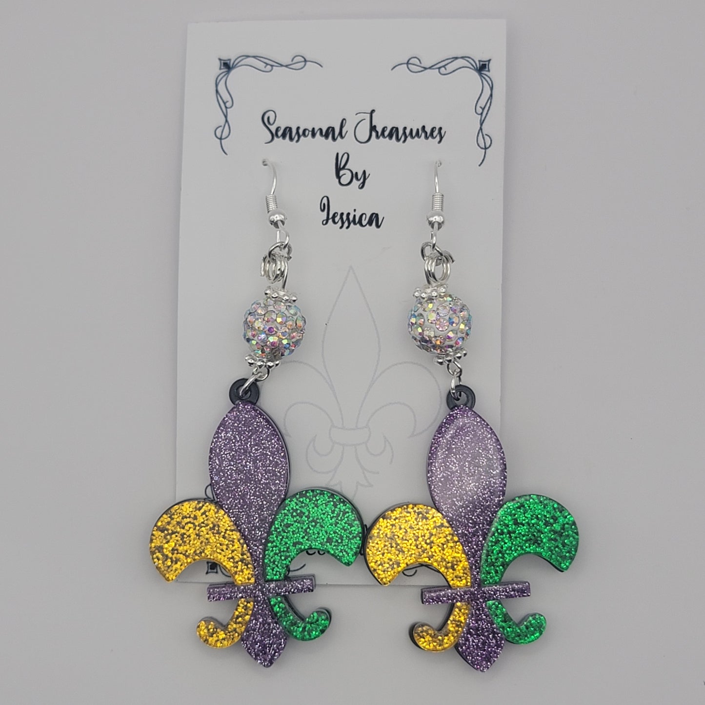 Handmade Beaded Fleur De Lis Mardi Gras Earrings