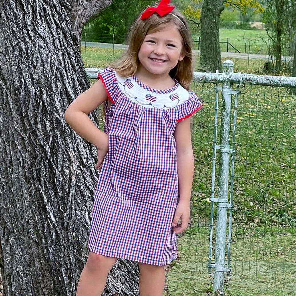 Girls 4th of July Patriotic Flags Stripes with Stars Swing Dress