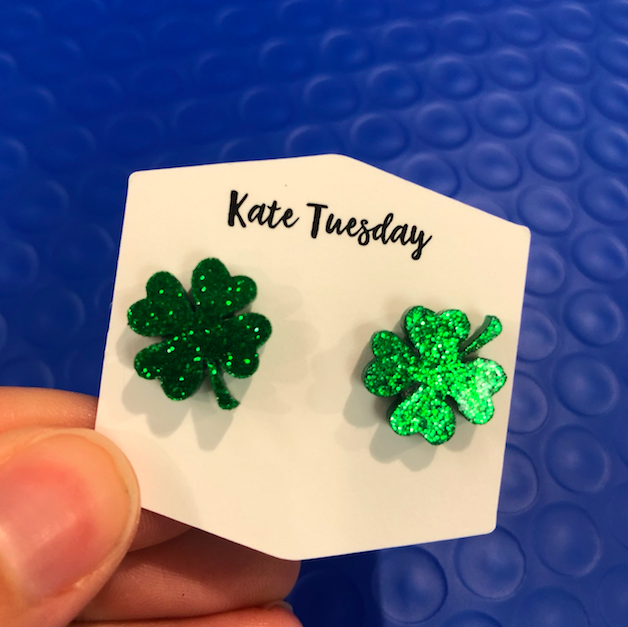 Glitter Acrylic St. Patties Day Clover Earrings 4 Leaf