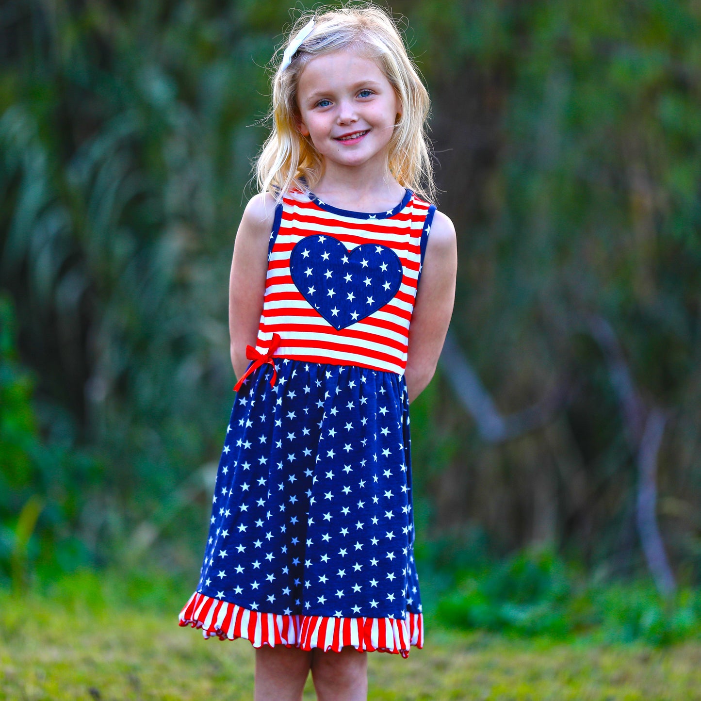 AnnLoren Girls 4th of July Stars & Striped Heart Dress Red White & Blu