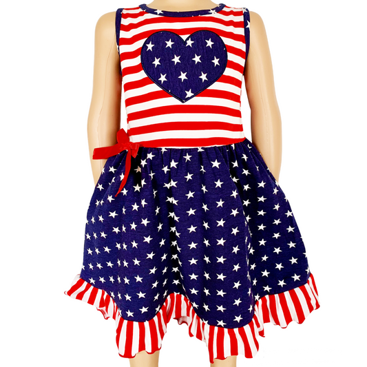 AnnLoren Girls 4th of July Stars & Striped Heart Dress Red White & Blu