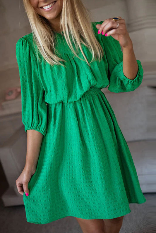 Dark Green Solid Color Round Neck Puff Sleeve Mini Dress