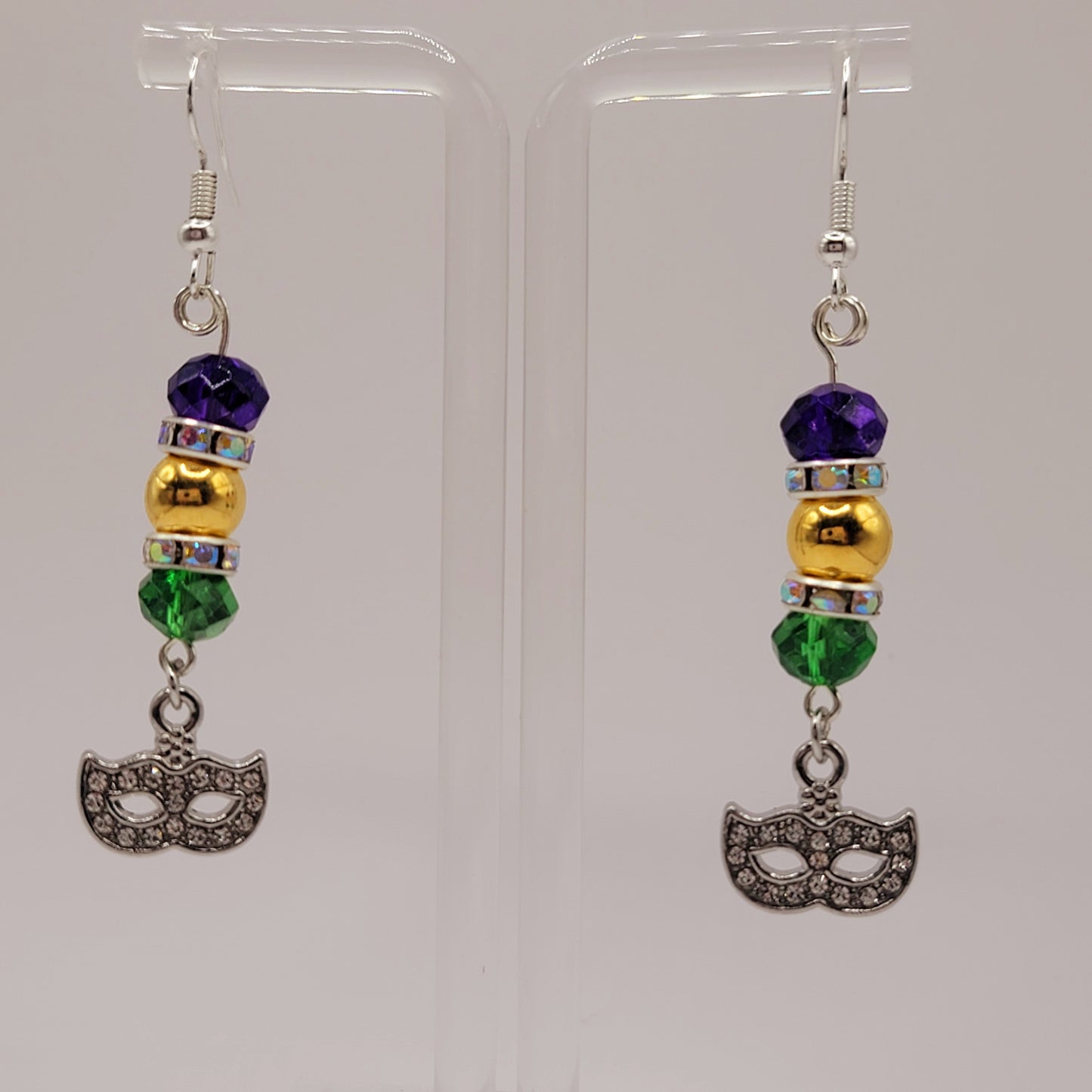 Handmade Beaded Purple, Gold and Green Mardi Gras Earring and Bracelet Set With Mask Charm