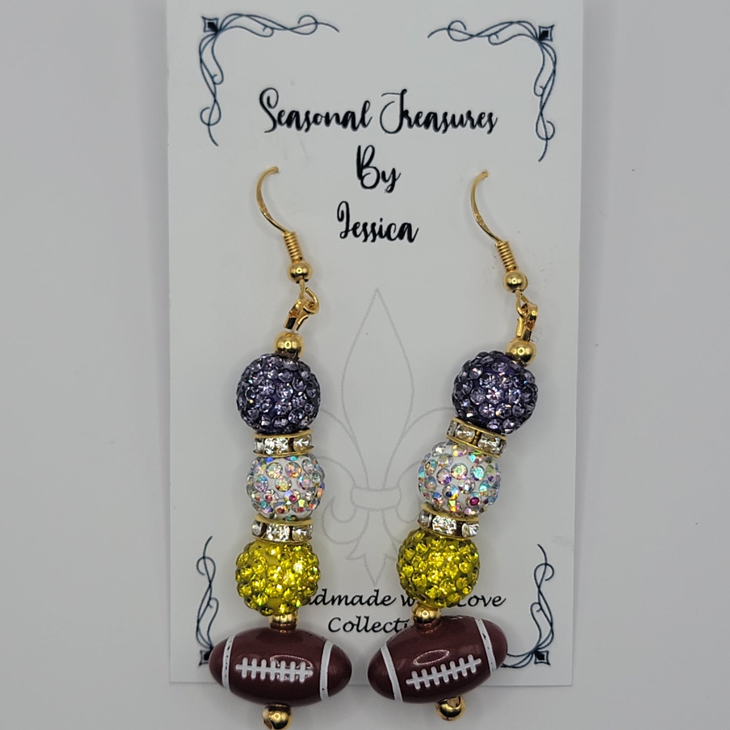 Handmade Purple, White and Gold Beaded Football Earrings