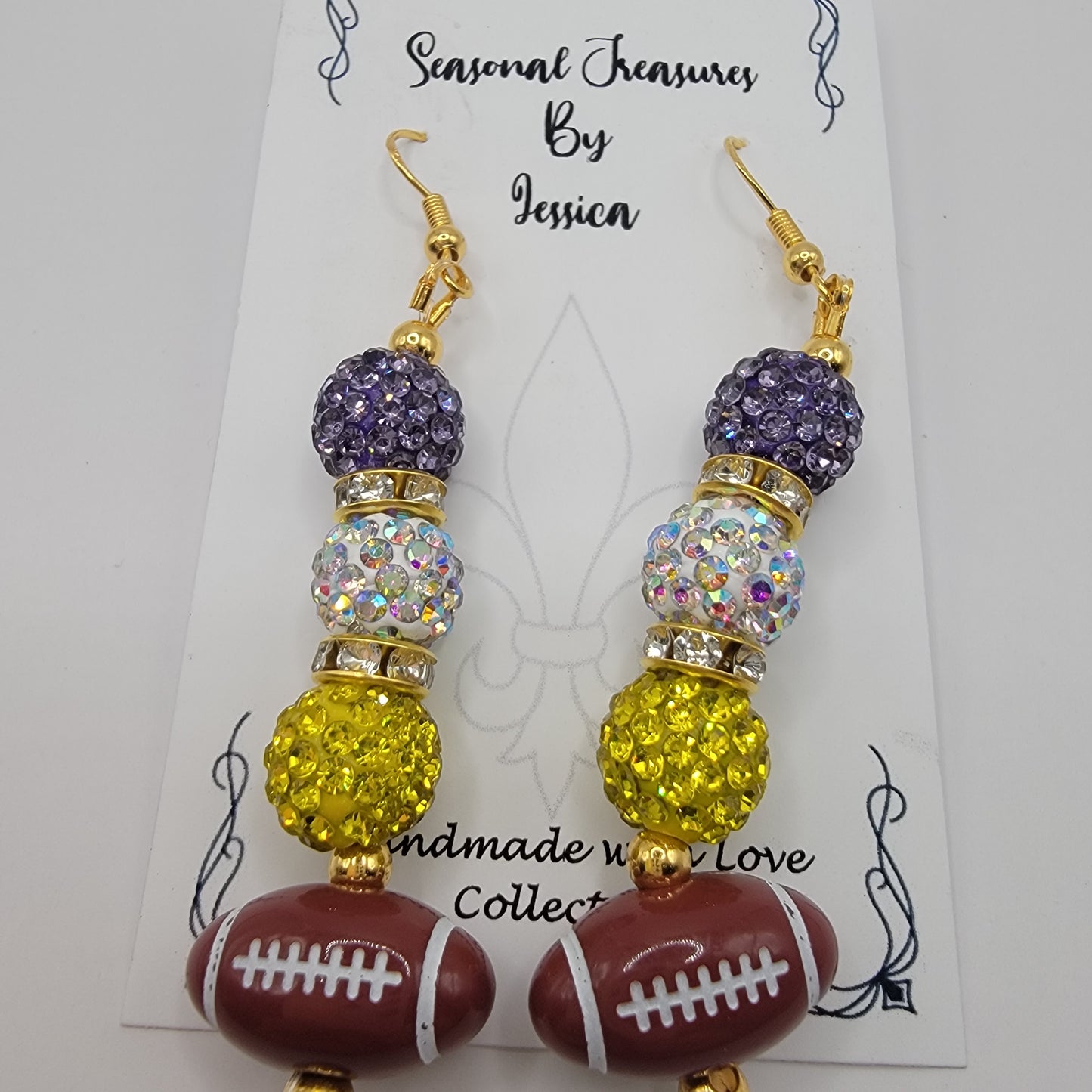 Handmade Purple, White and Gold Beaded Football Earrings