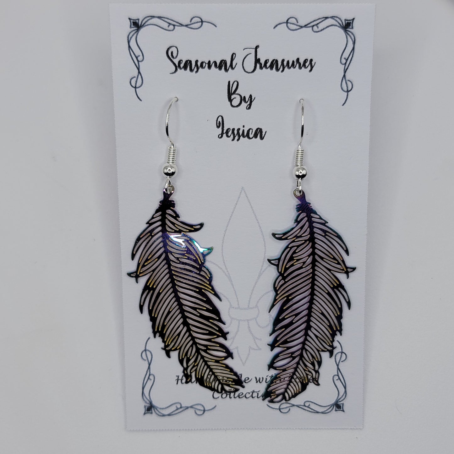 Handmade Iridescent Feather Earrings in sterling silver