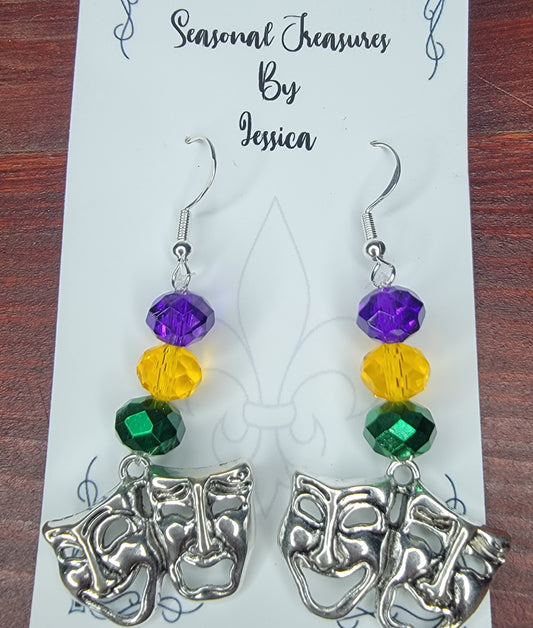 Handmade Mardi Gras Beaded Happy/Sad Face Earrings