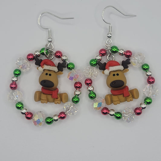 Handmade Beaded Reindeer Hoop Christmas Earrings I'm Sterling Silver