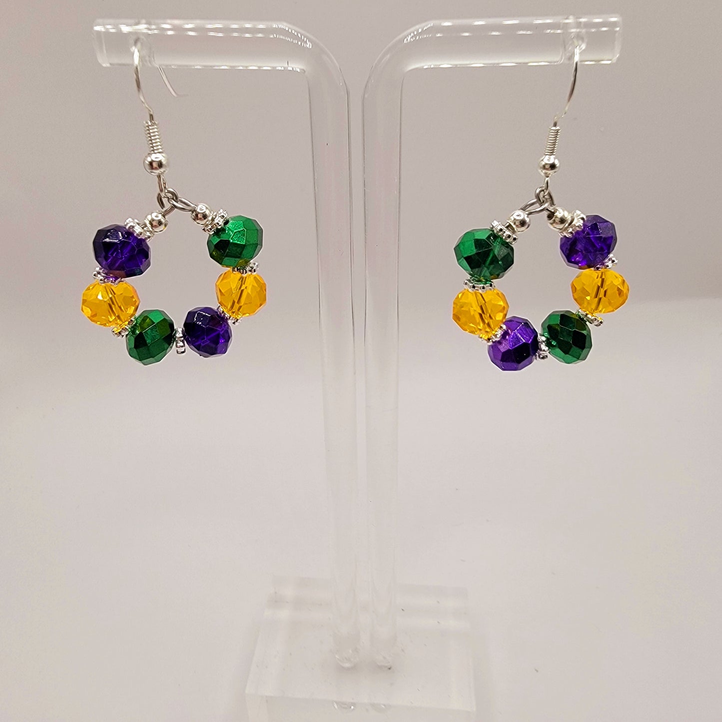 Handmade Purple, Gold and Green Beaded Hoop Mardi Gras Earrings