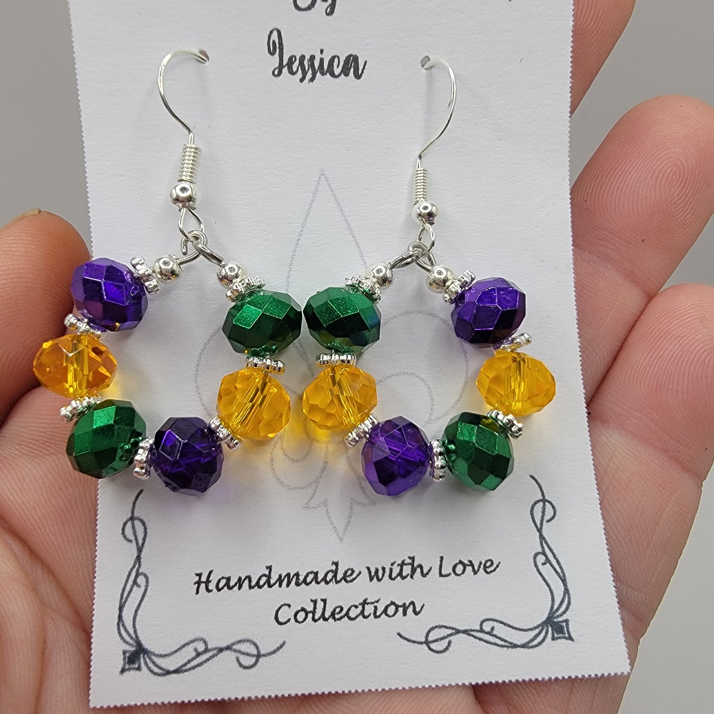 Handmade Purple, Gold and Green Beaded Hoop Mardi Gras Earrings