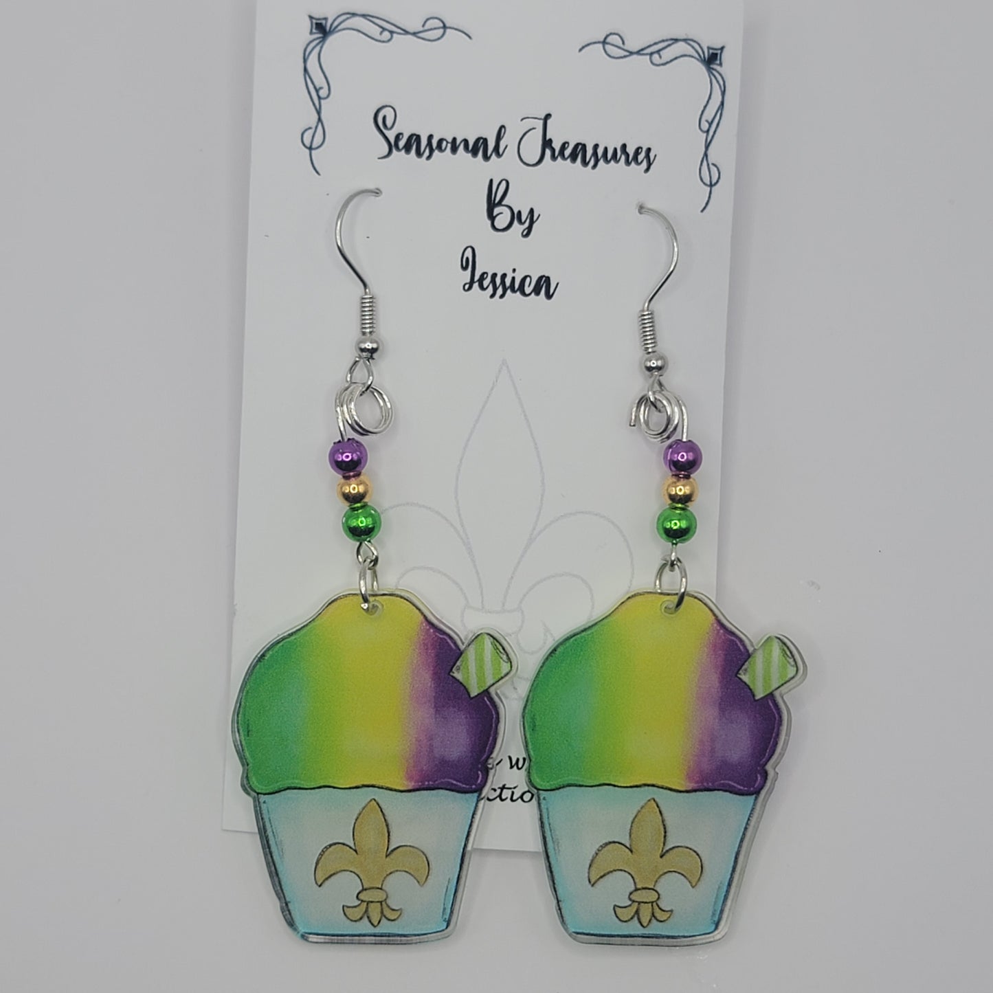 Handmade Beaded Snowball Mardi Gras Earrings