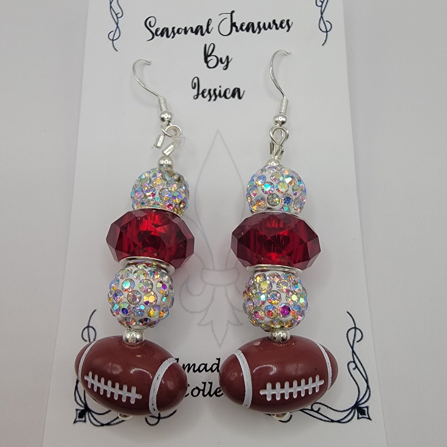 Handmade Red and White Beaded Football Earrings